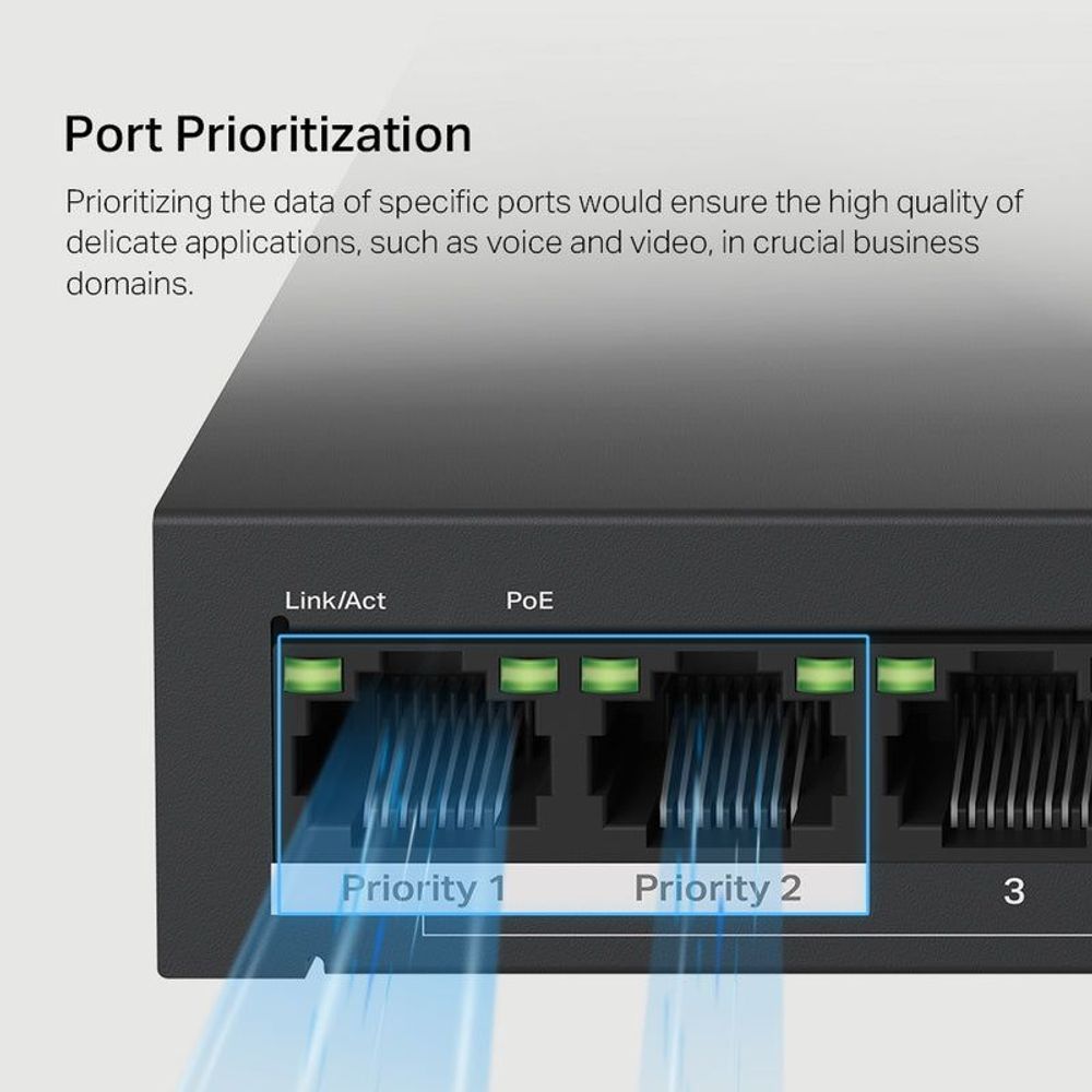 Mercusys MS110P front port area with link/act LEDs and priority highlighting overlay