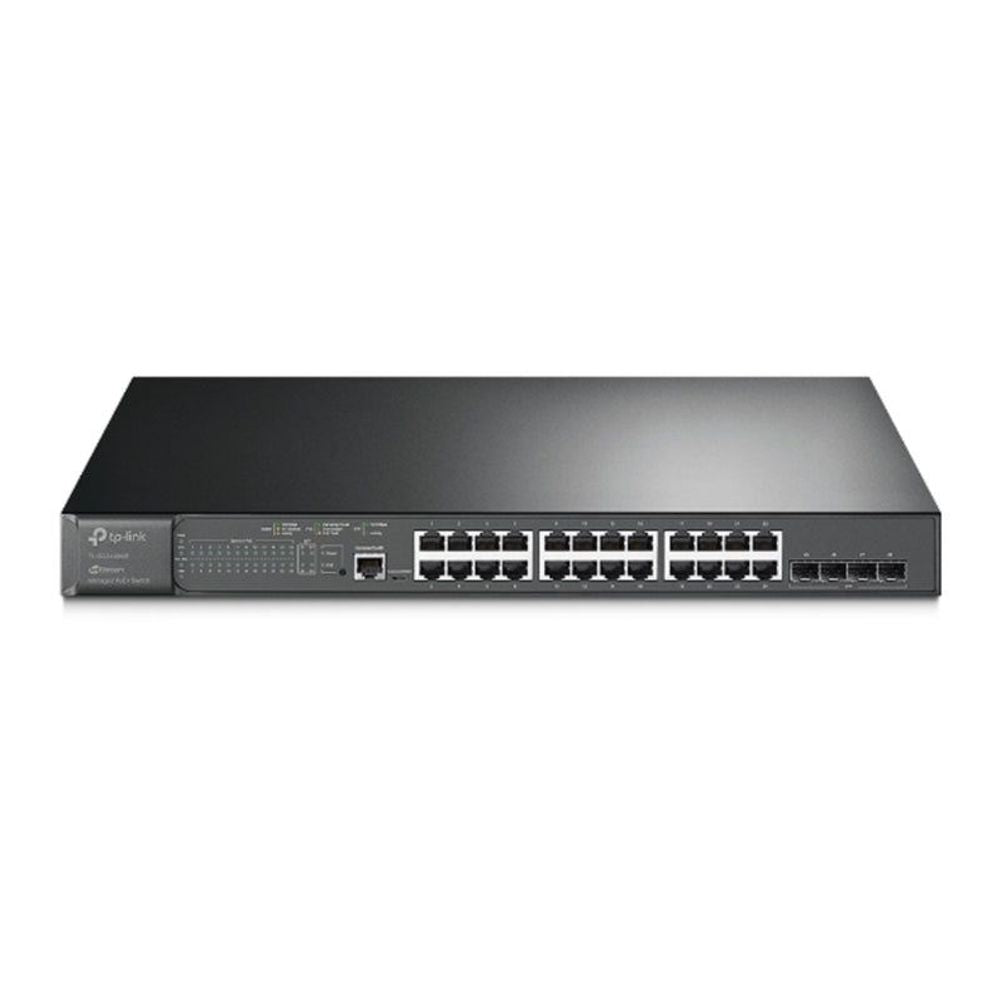 TP-Link JetStream switch front panel, dark chassis with Ethernet and SFP ports