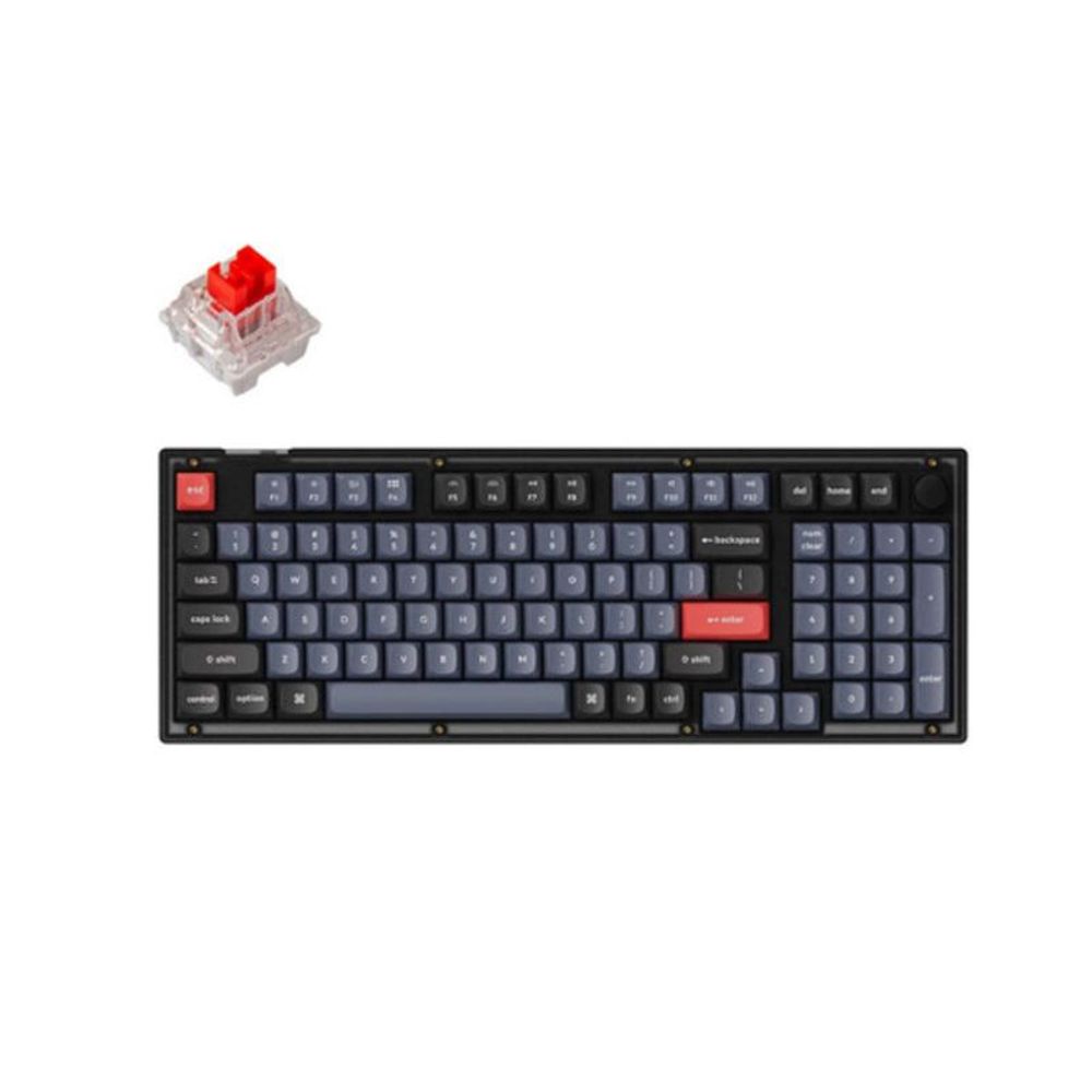 Mechanical keyboard kit with dark keycaps and a red mechanical switch