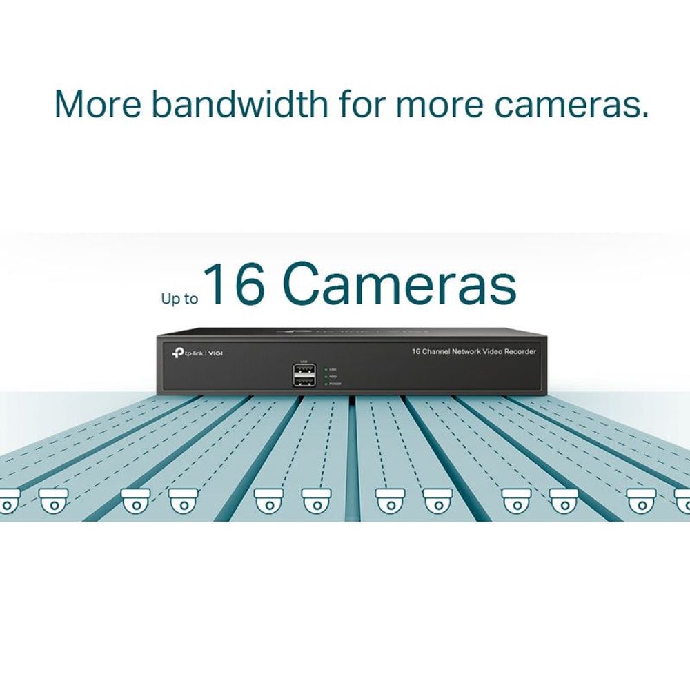 TP-Link VIGI 16-channel network video recorder shown on a marketing layout