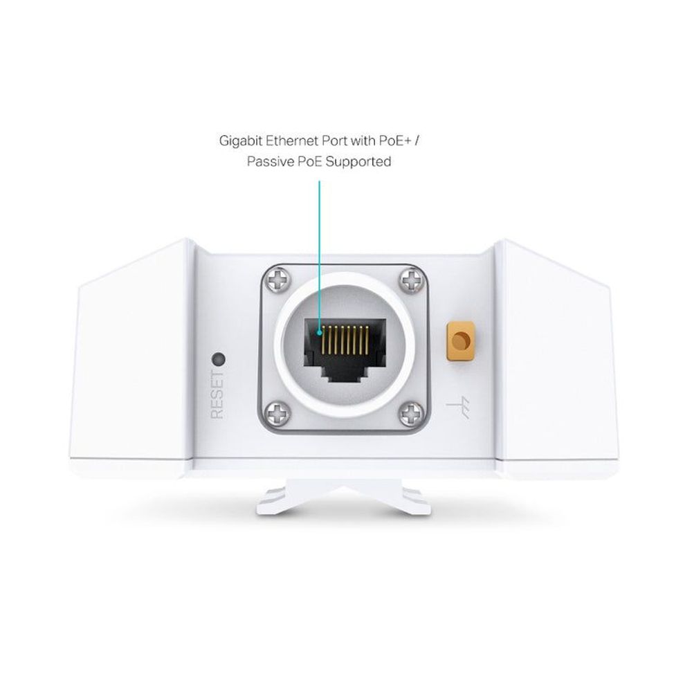 White outdoor access point rear with Gigabit Ethernet port and PoE markings