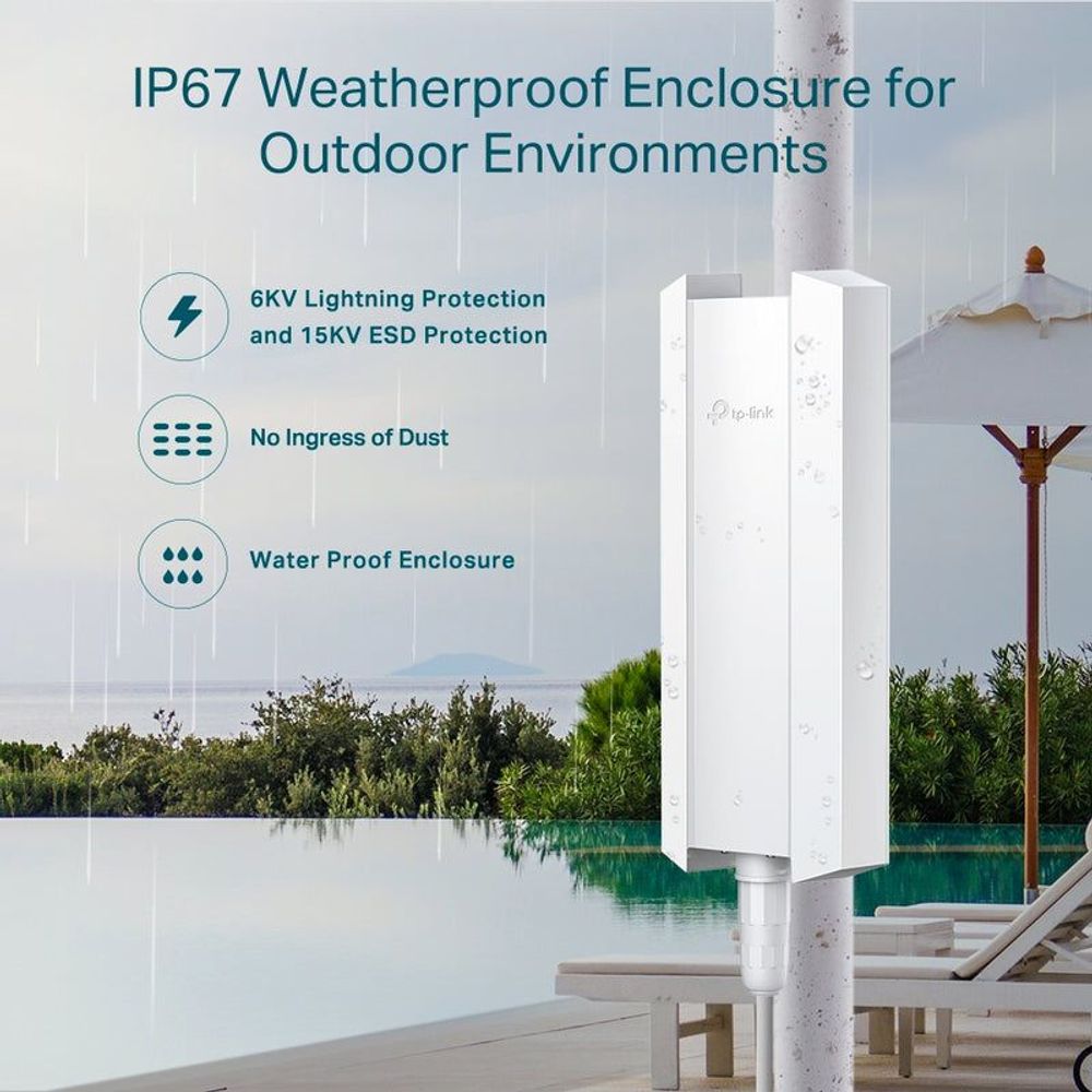 White outdoor access point mounted on a pole with IP67 weatherproof icons