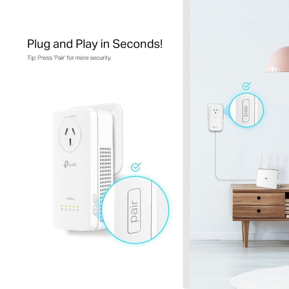 Plug-and-play powerline Wi‑Fi extender kit with pair button on wall plug