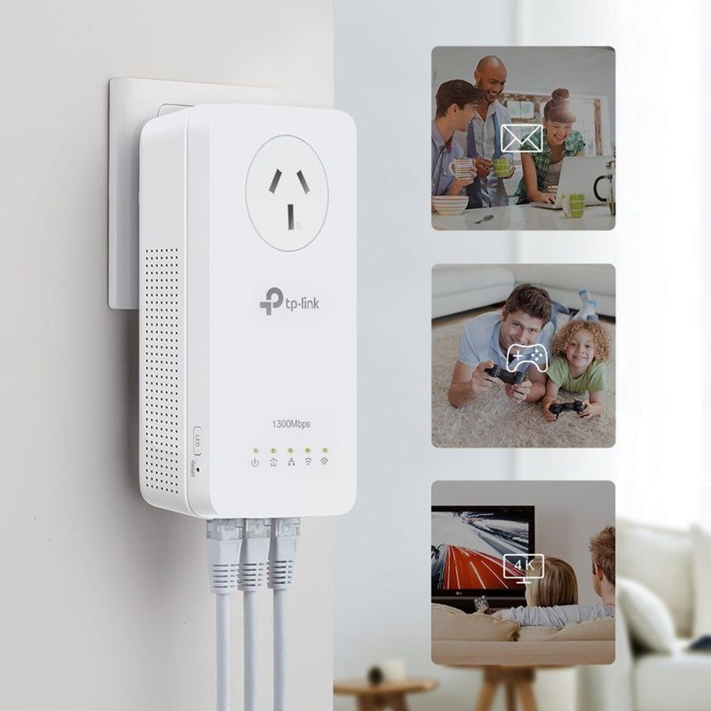 Wall-mounted white powerline Wi‑Fi extender with connectivity icons for streaming