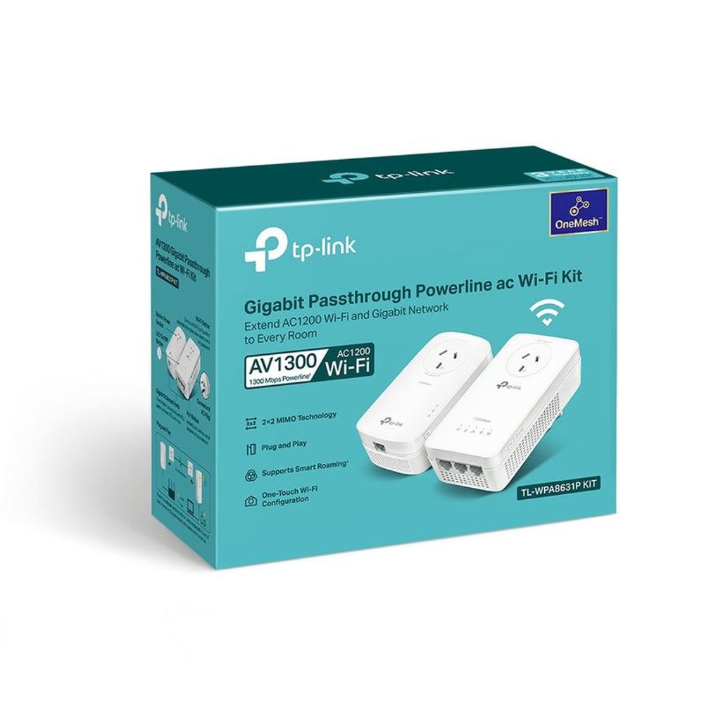 TP-Link OneMesh powerline Wi‑Fi kit retail box with two white extender adapters