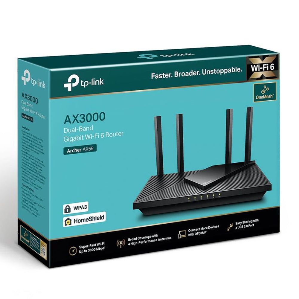 TP-Link AX3000 Wi‑Fi 6 dual-band router retail box with four-antenna product photo