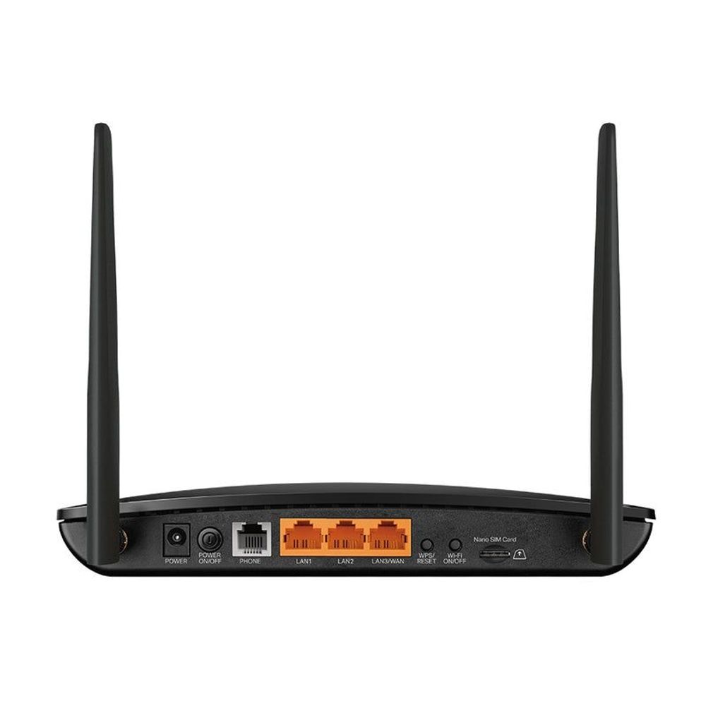 TP-Link router rear panel with multiple Ethernet ports and SIM slot area.
