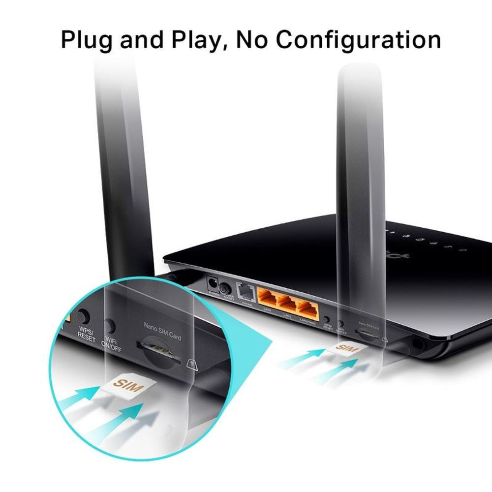 TP-Link router with highlighted SIM card slot on the side panel.