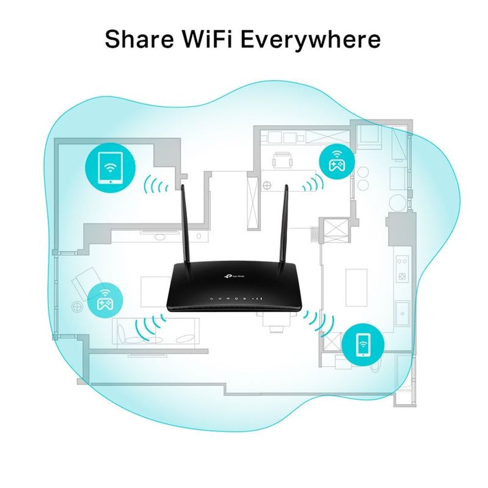 Black TP-Link router with two antennas and wireless coverage illustration.