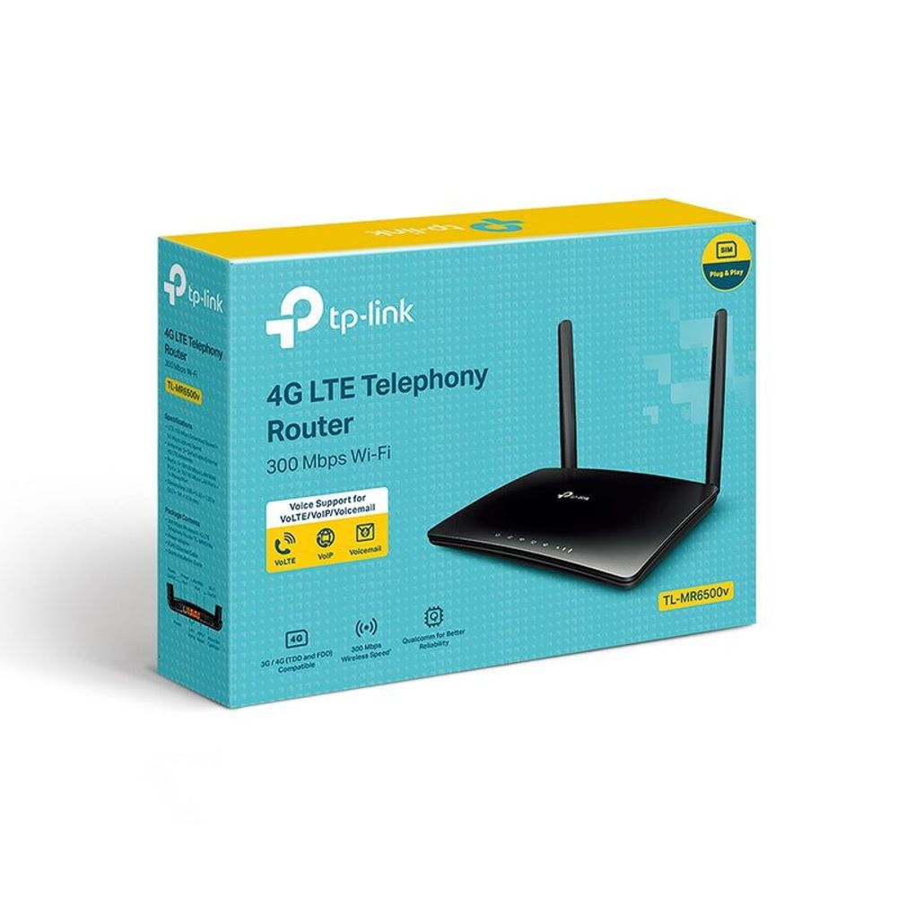TP-Link 4G LTE telephony router retail box with pictured black router and antennas.