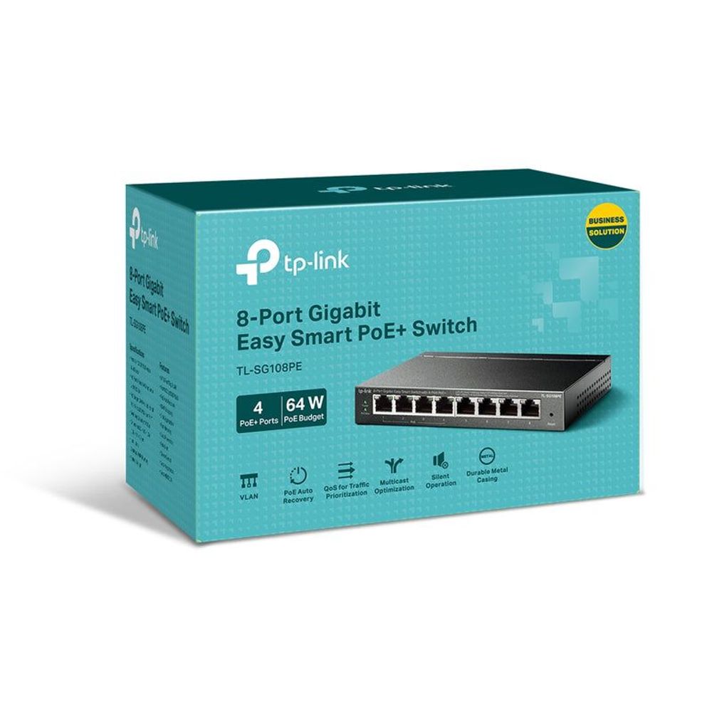TP-LINK 8-Port Gigabit Easy Smart PoE+ switch retail box with 4 PoE ports