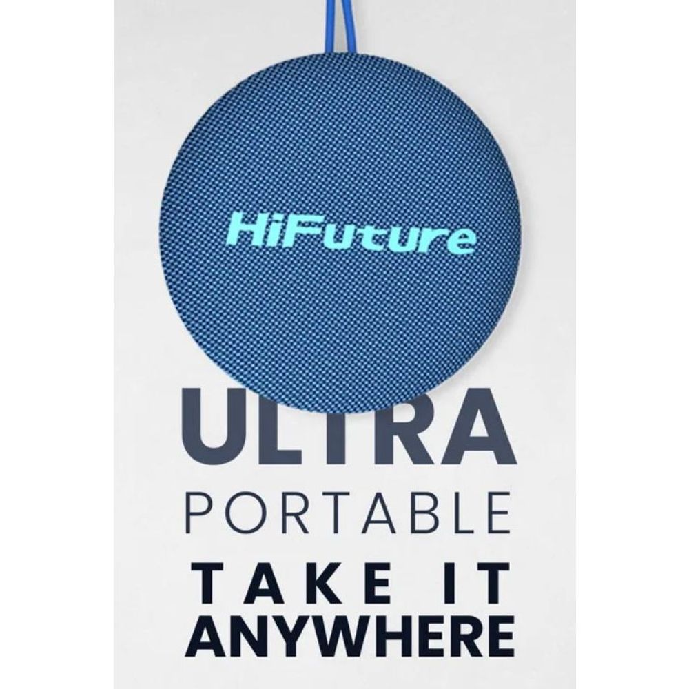 Blue round portable Bluetooth speaker with HIFfuture logo and hanging loop