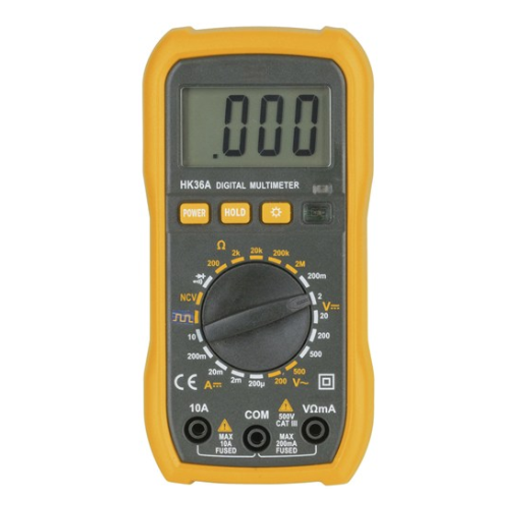 Yellow digital multimeter with LCD display and rotary dial, front panel controls