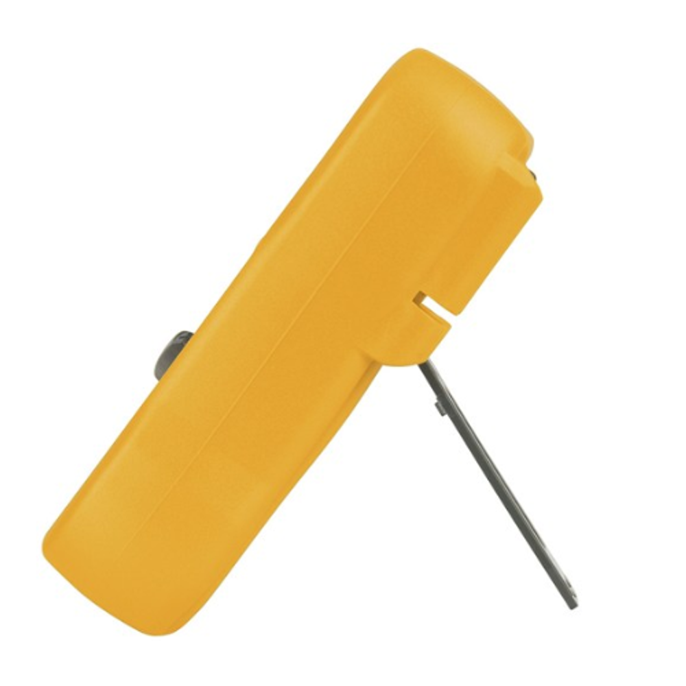 Yellow digital multimeter body with two metal probe pins