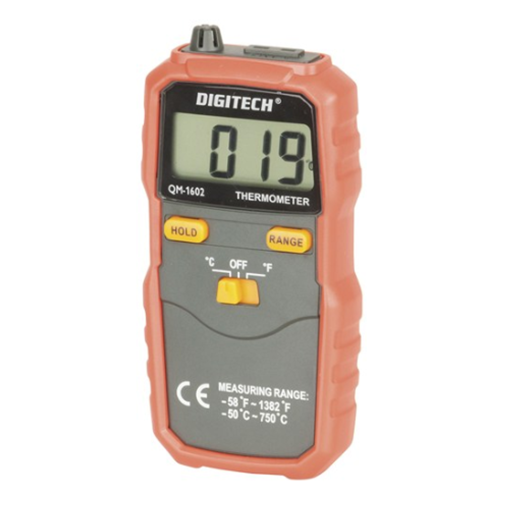 Orange digital thermometer with LCD display showing 0.10