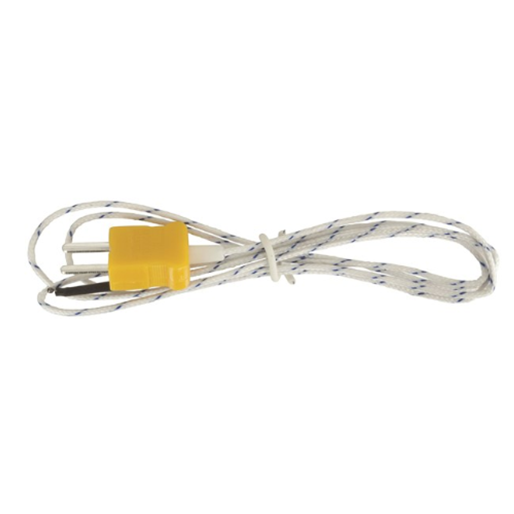 K-type thermocouple probe with yellow connector and braided cable