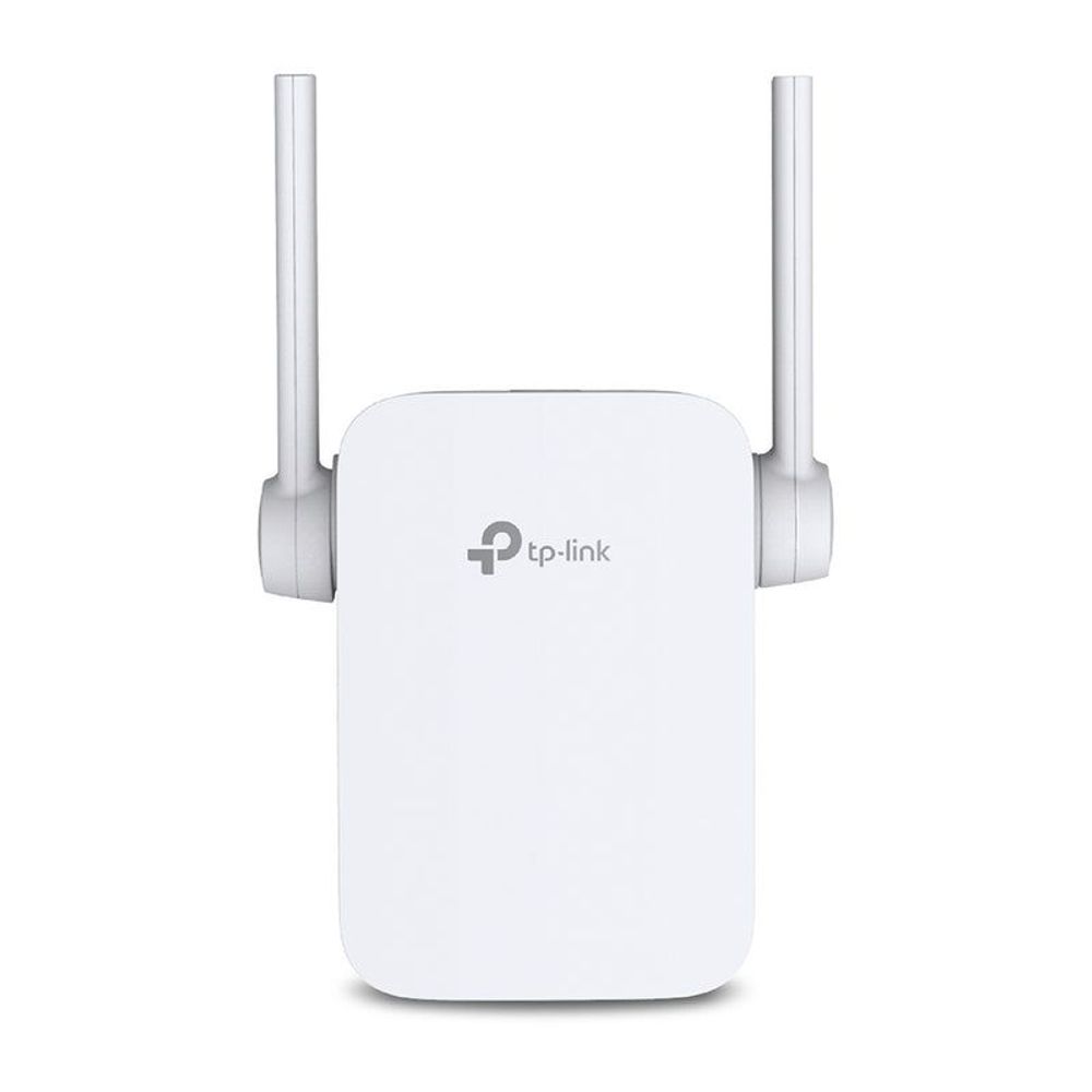 White TP-Link wall-plug Wi‑Fi range extender, front view with two antennas
