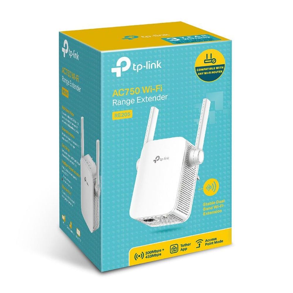 TP-Link AC750 Wi‑Fi range extender retail box with two external antennas
