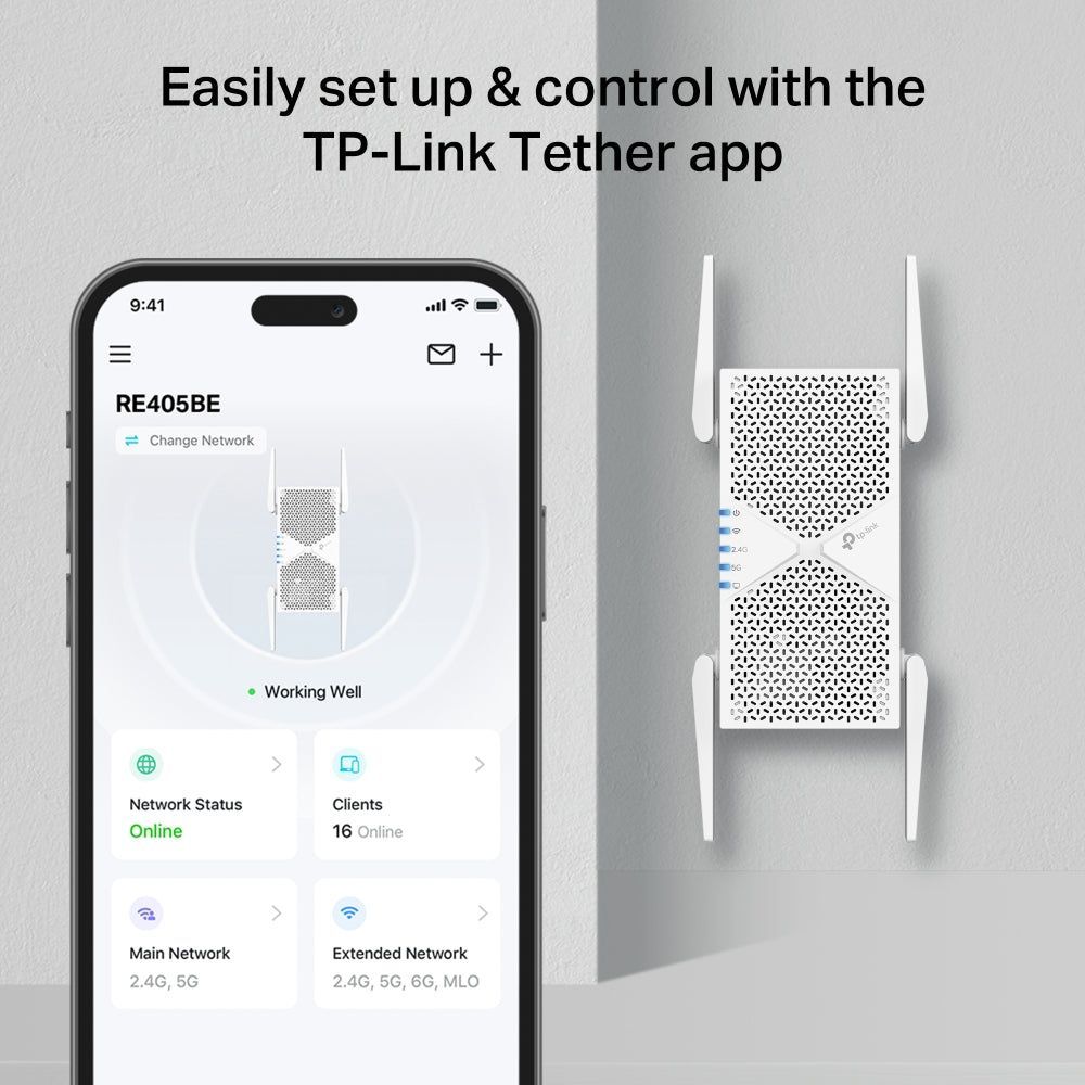 TP-Link RE405BE, BE6500 Dual-Band Wi-Fi 7 Range Extender