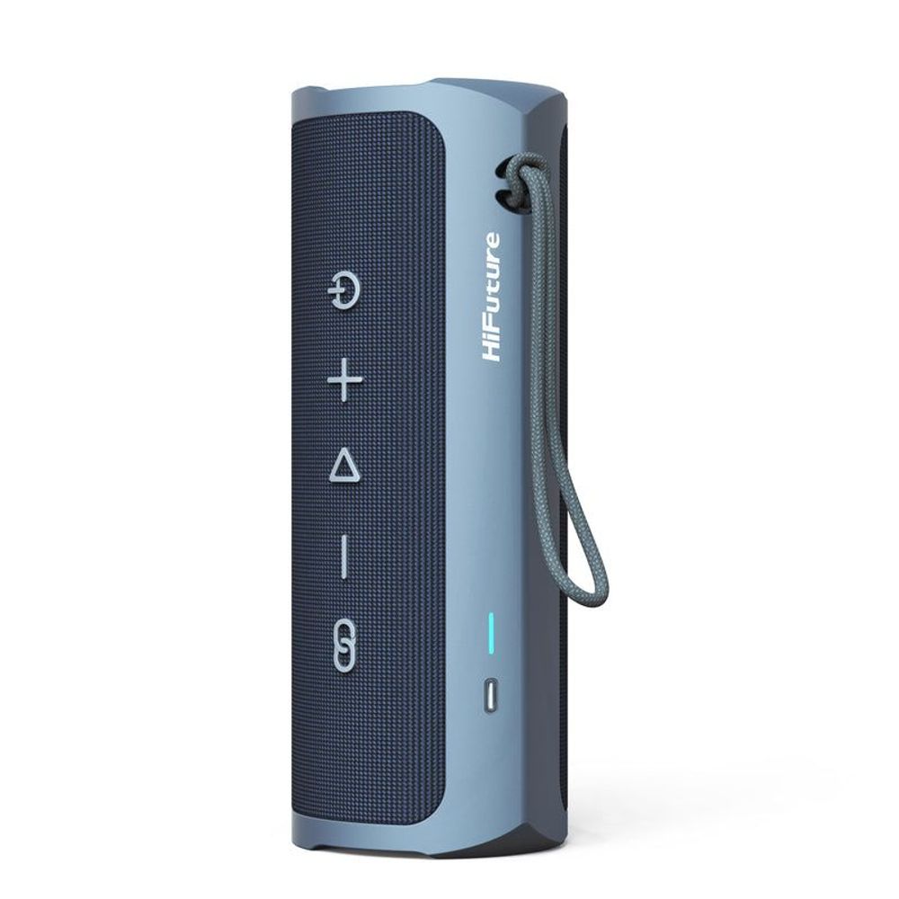 Blue Bluetooth speaker with black control panel, icons, and carry loop strap