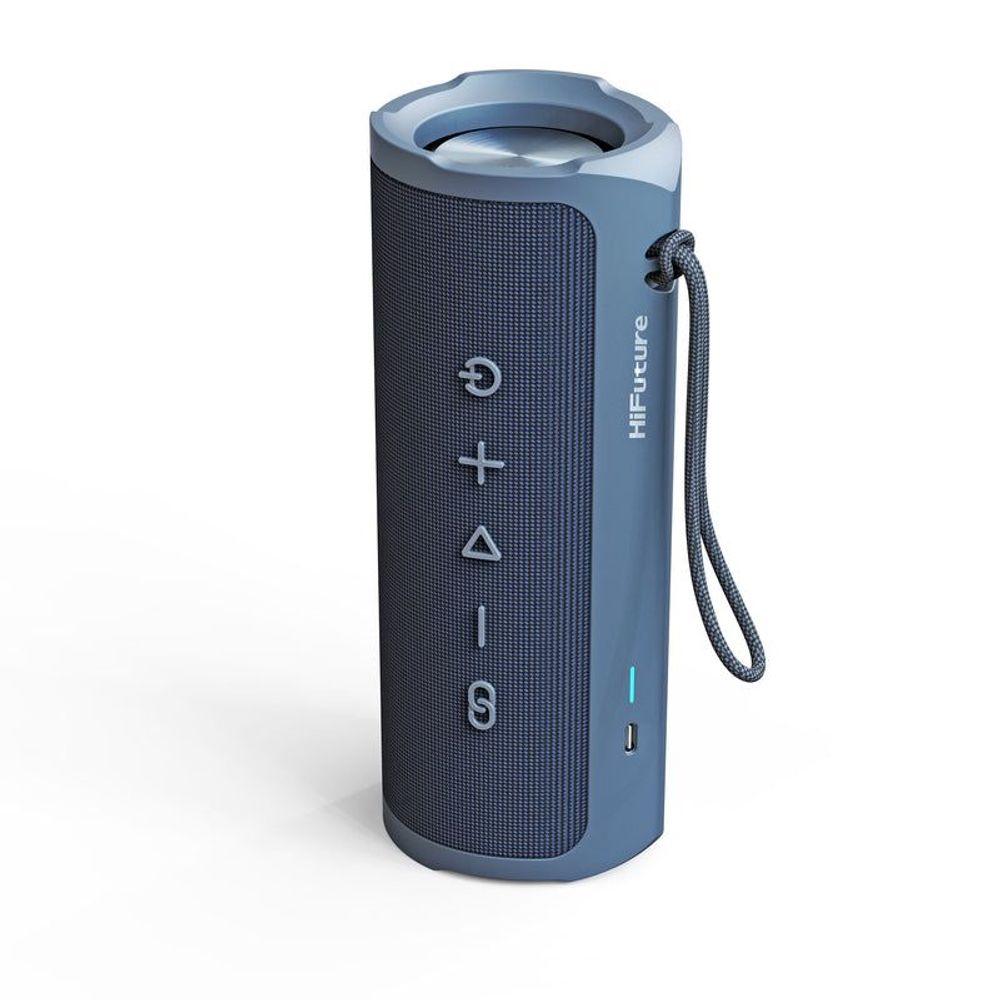 Blue Bluetooth speaker with carry loop strap and side control markings