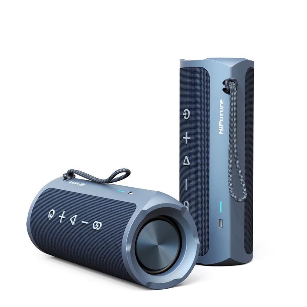 Pair of blue Bluetooth speakers, one front with speaker grille and one standing
