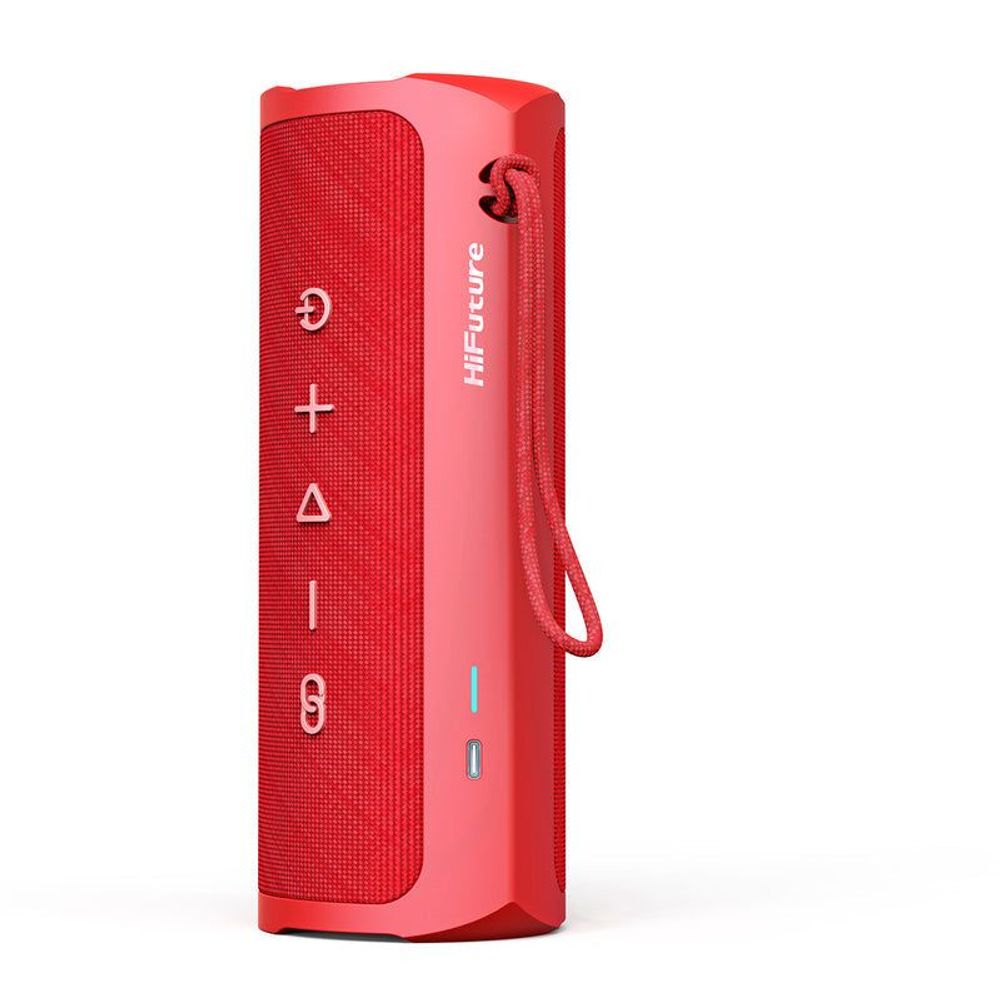 Standing red Bluetooth speaker with side button controls and built-in hand strap