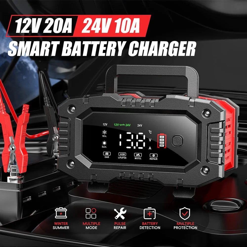 FOXSUR 20A/10A Smart Battery Charger for Car / Motorcycle