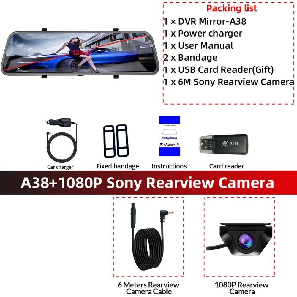 12-Inch Touch Screen Dash Cam and Rearview Camera System for Vehicles with DVR Functionality and Sony Technology A38-6M Sony Rc