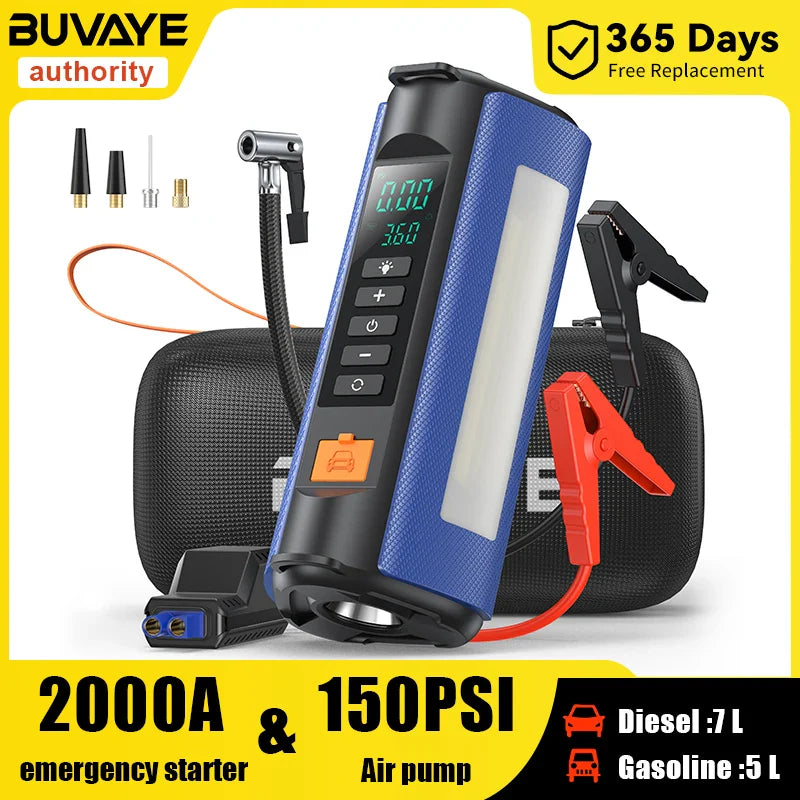 BUVAYE 2000A Professional Car Battery Jump Starter with Built-in 150PSI Air Pump and USB Power Bank for 12V Vehicles