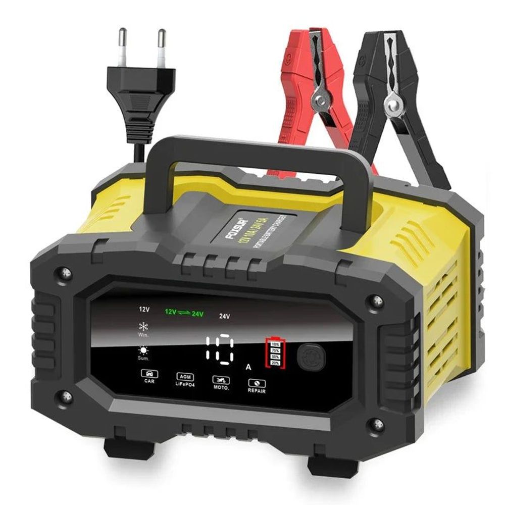 FOXSUR 20A/10A Smart Battery Charger for Car / Motorcycle Yellow