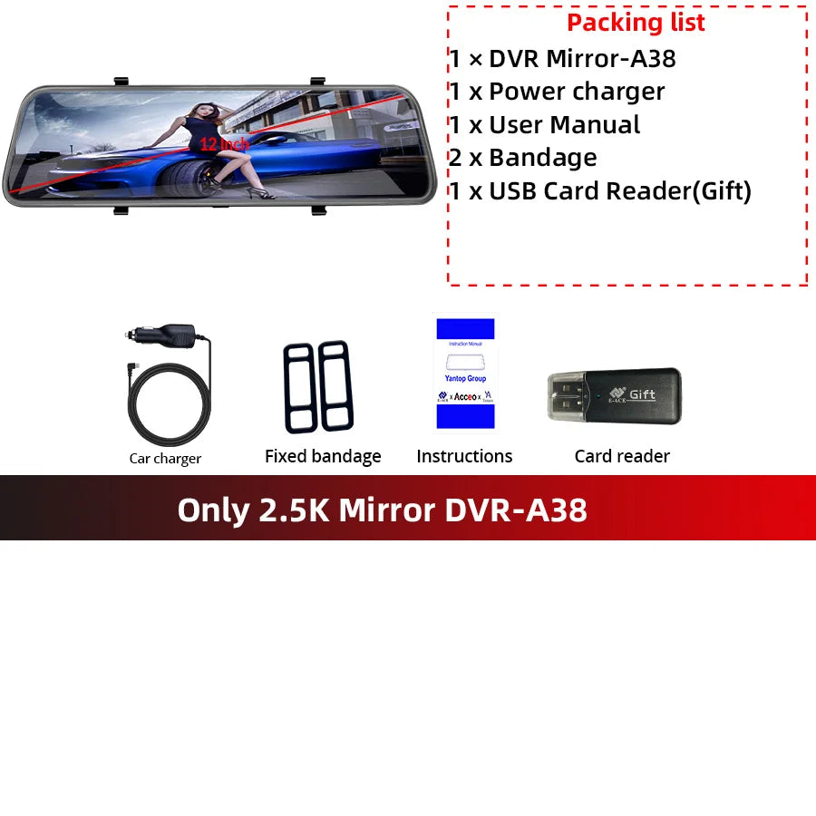 12-Inch Touch Screen Dash Cam and Rearview Camera System for Vehicles with DVR Functionality and Sony Technology Only Front Lens-A38