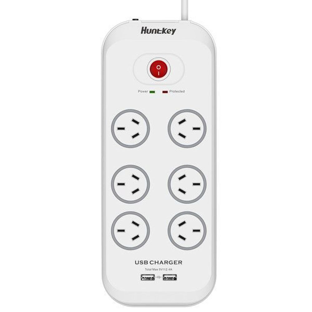 Huntkey SAC607 6 Outlet Surge Protected Powerboard with Two powered USB ports (2.4 AMP Combined)
