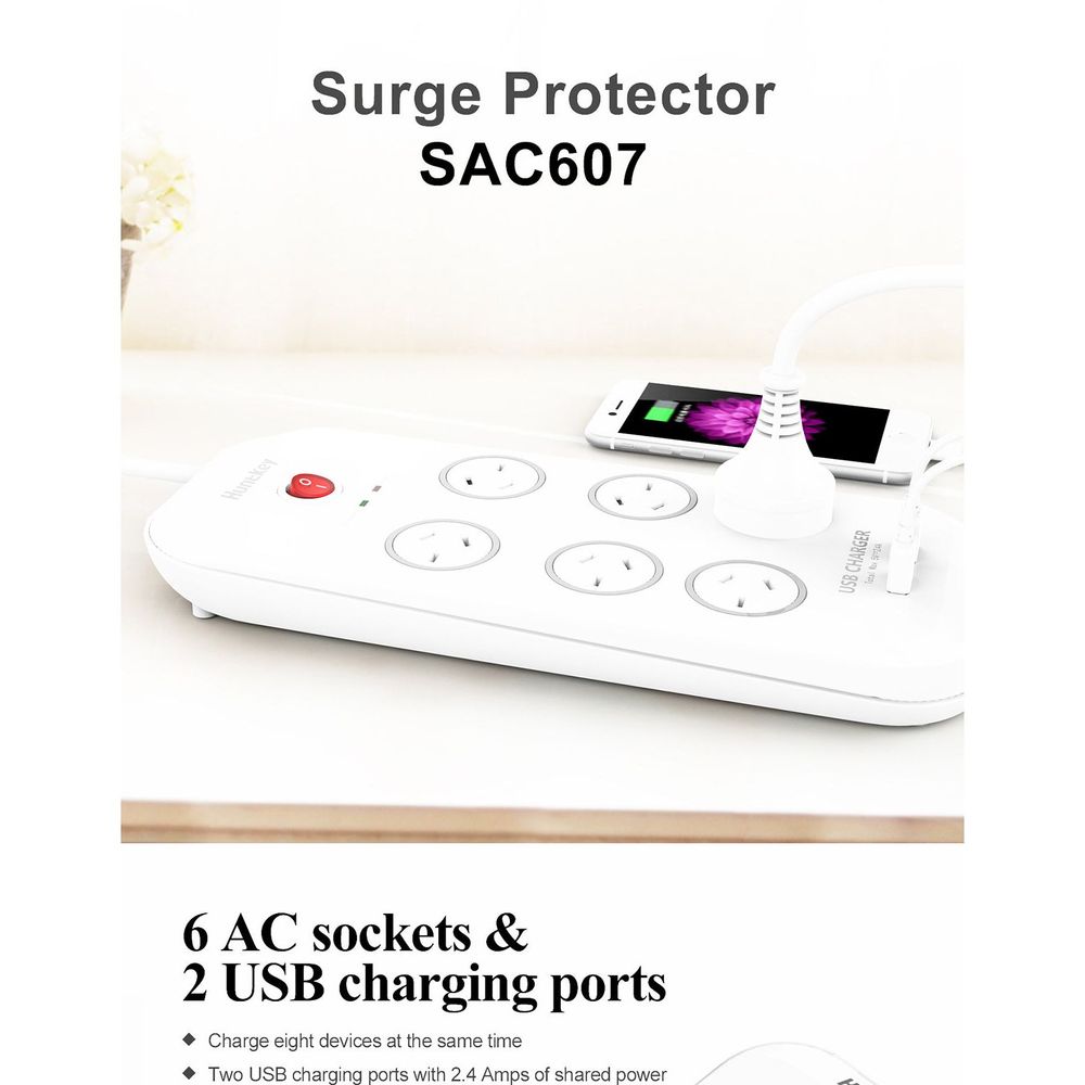 Huntkey SAC607 6 Outlet Surge Protected Powerboard with Two powered USB ports (2.4 AMP Combined)