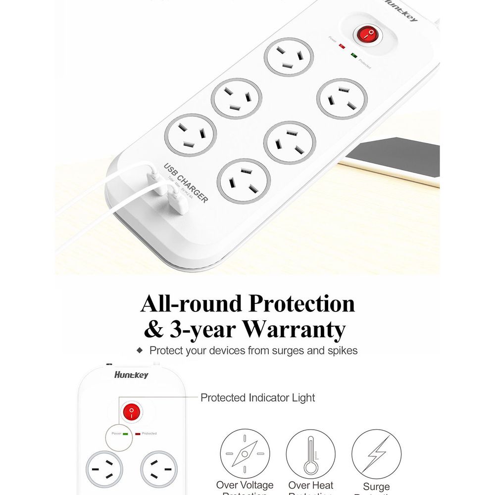Huntkey SAC607 6 Outlet Surge Protected Powerboard with Two powered USB ports (2.4 AMP Combined)