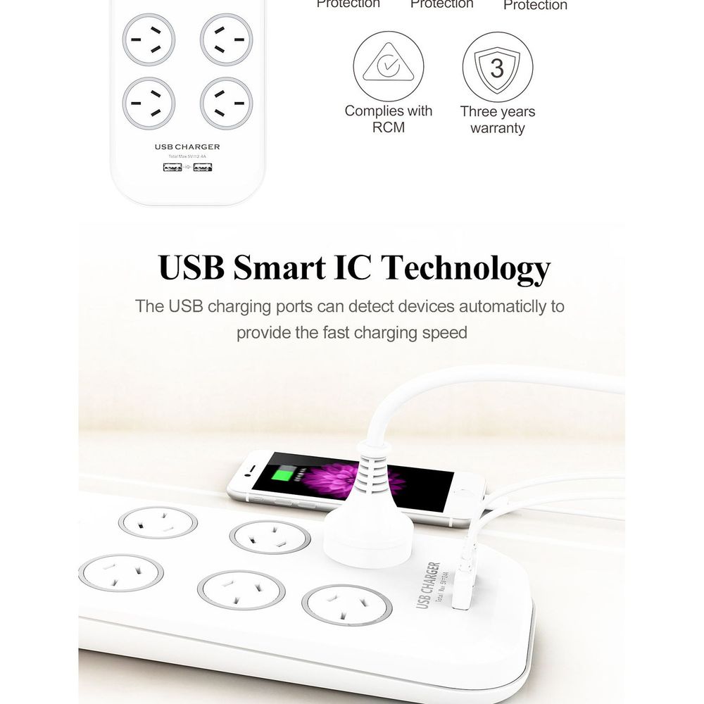 Huntkey SAC607 6 Outlet Surge Protected Powerboard with Two powered USB ports (2.4 AMP Combined)