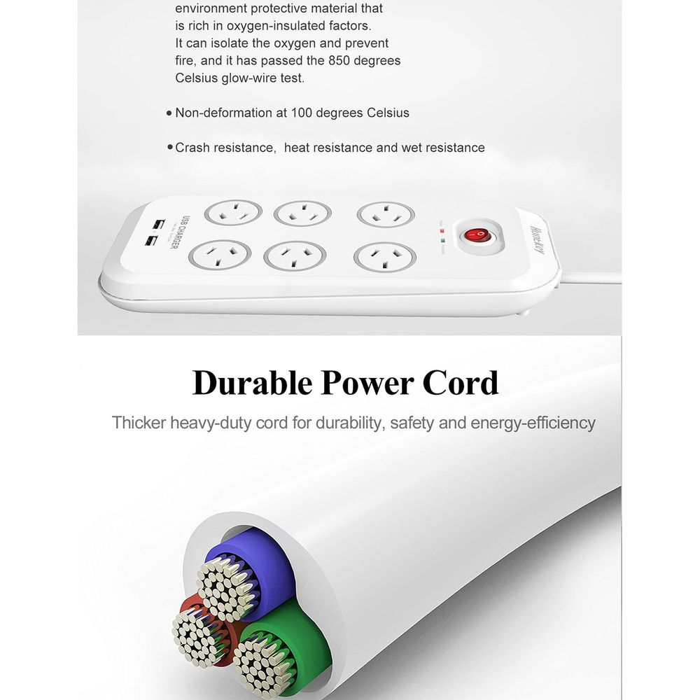 Huntkey SAC607 6 Outlet Surge Protected Powerboard with Two powered USB ports (2.4 AMP Combined)