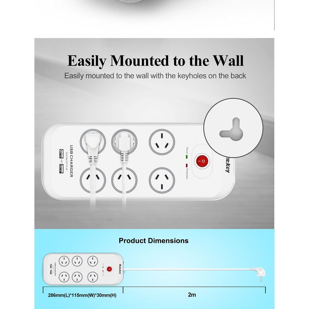 Huntkey SAC607 6 Outlet Surge Protected Powerboard with Two powered USB ports (2.4 AMP Combined)
