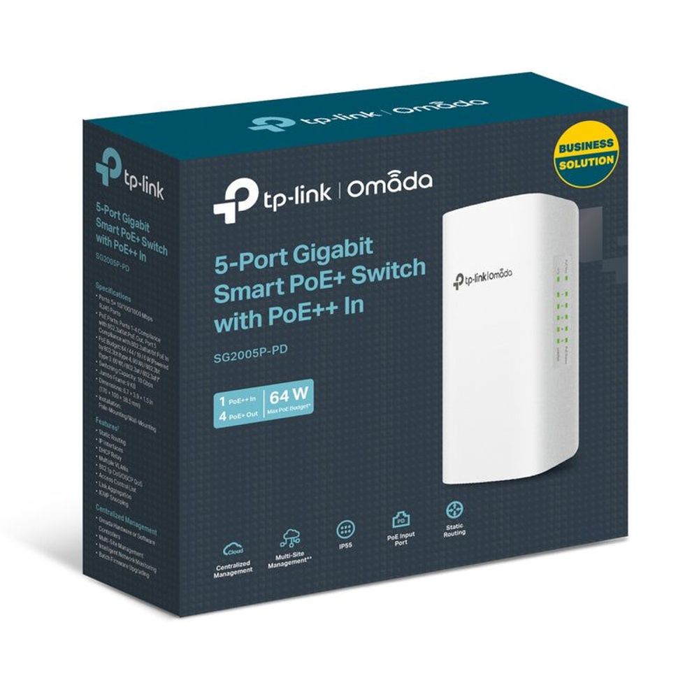 TP-Link Omada 5-port PoE+ smart switch retail box with white switch pictured