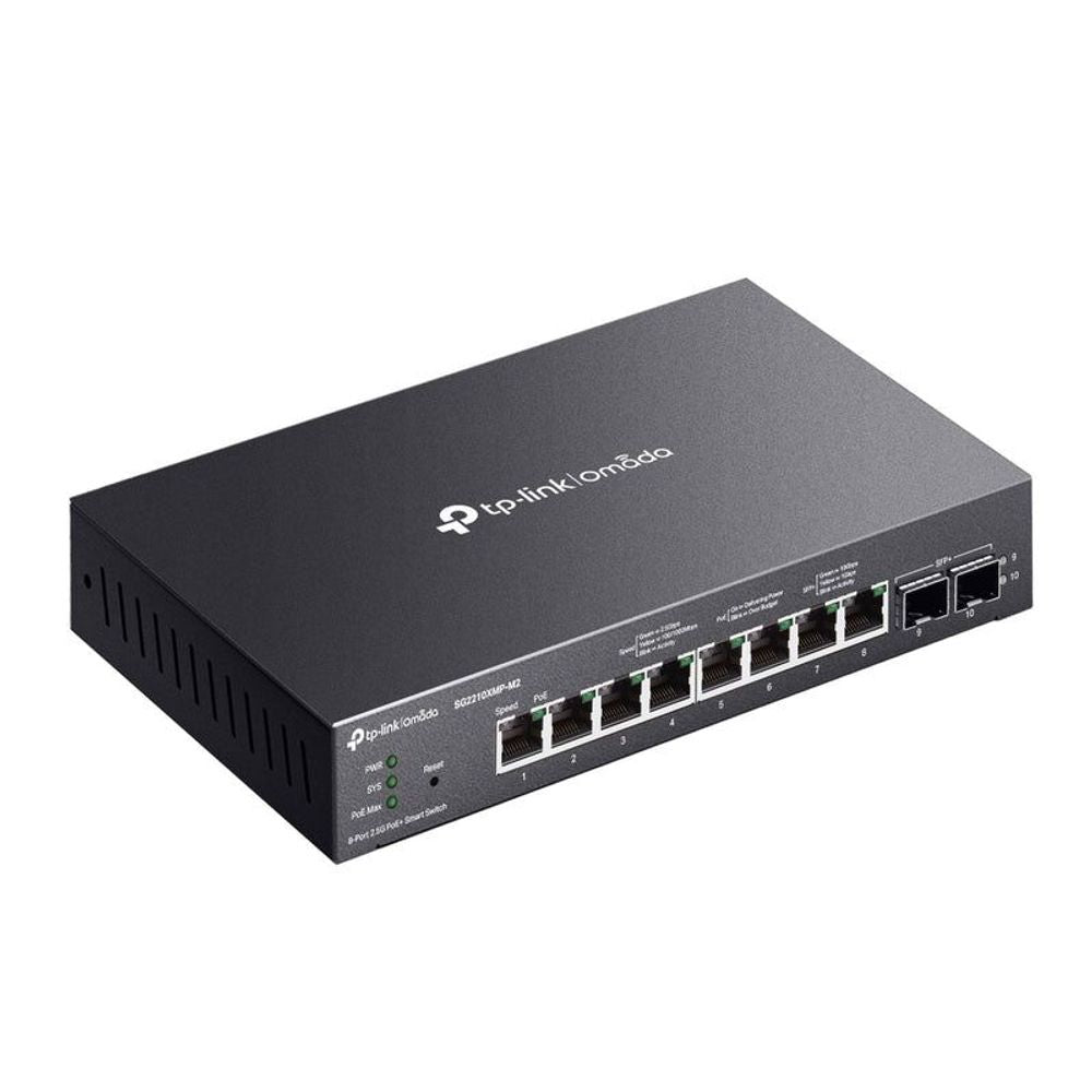 TP-Link Omada smart switch angled view showing front Ethernet and SFP+ ports