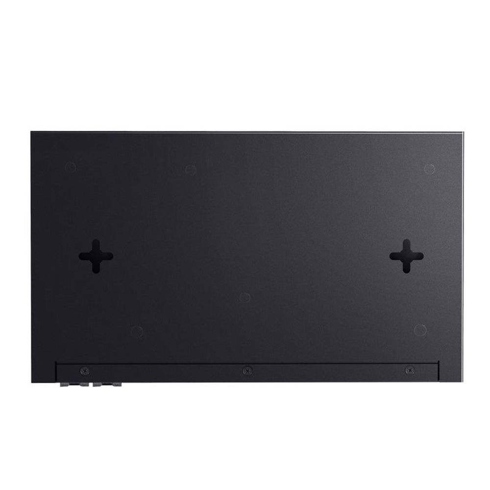 TP-Link Omada smart switch underside with mounting points on dark metal housing