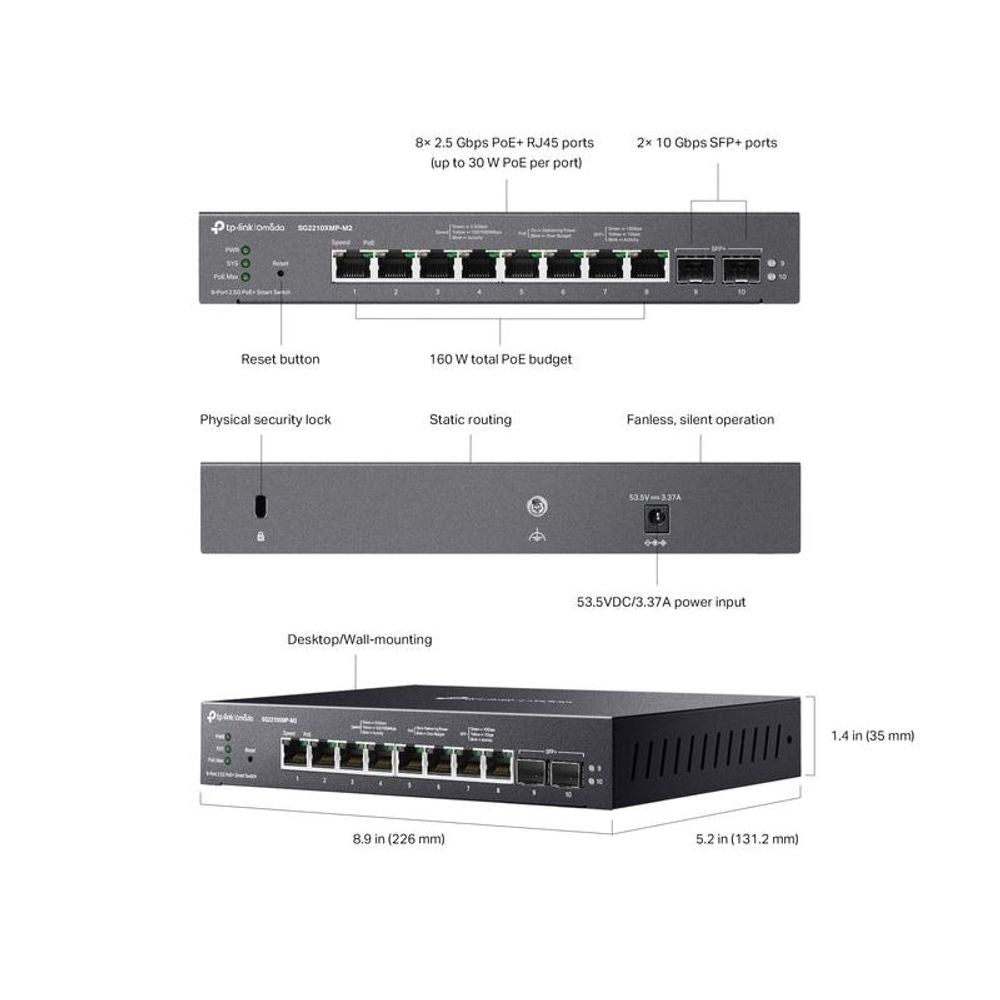 TP-Link Omada switch with labeled ports, PoE budget notes, and size dimensions