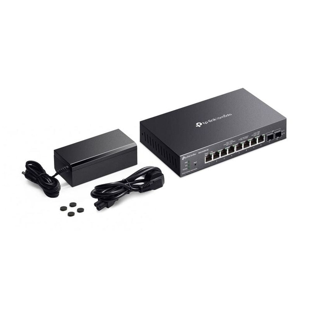 TP-Link Omada smart switch with power adapter, cables, and mounting screw set