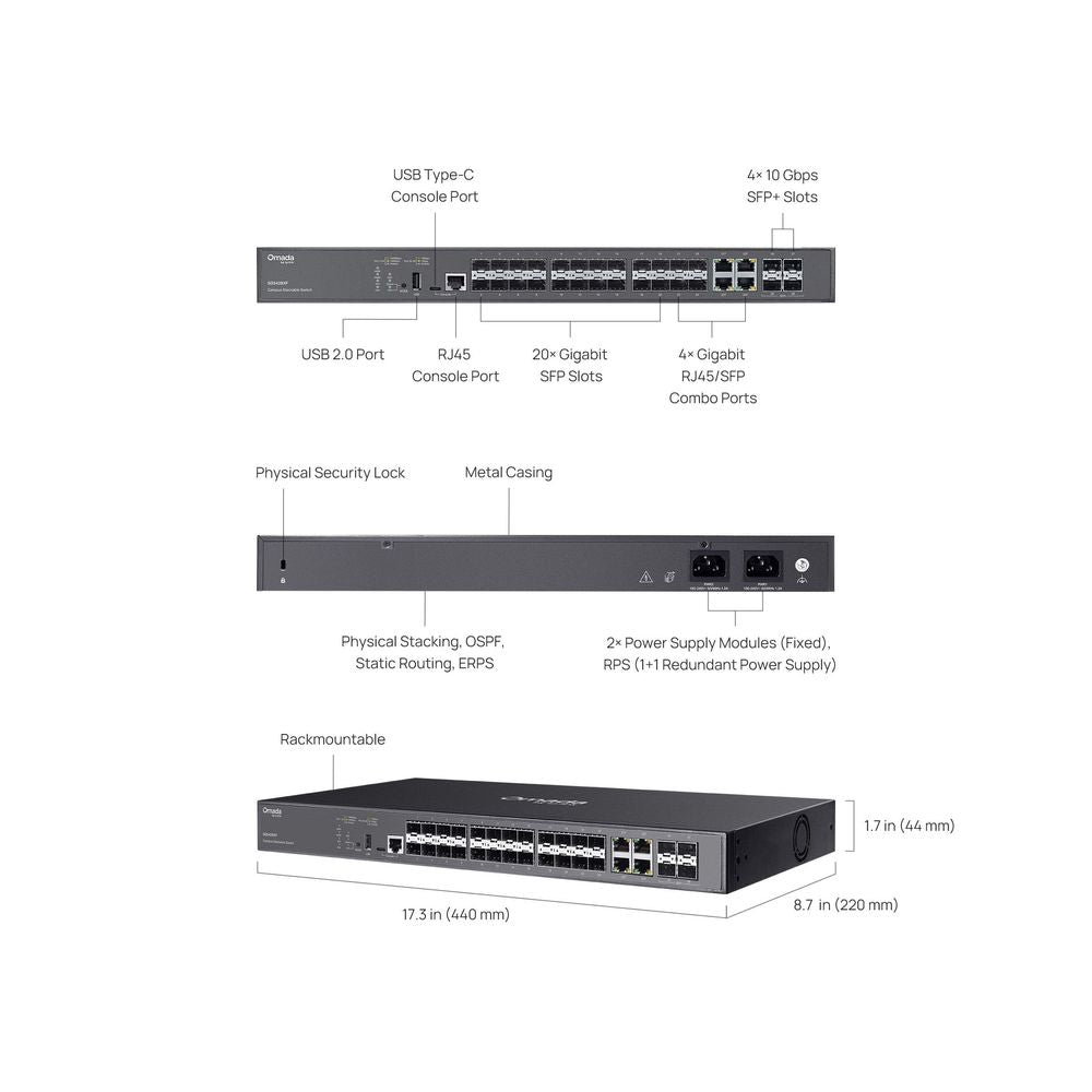 TP-Link SG5428XF, Omada Campus 24-Port SFP Stackable Lite L3 Managed Switch with 4× 10G Slots