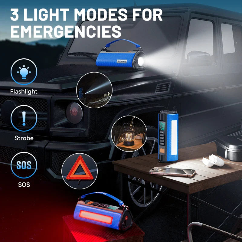 BUVAYE 2000A Professional Car Battery Jump Starter with Built-in 150PSI Air Pump and USB Power Bank for 12V Vehicles