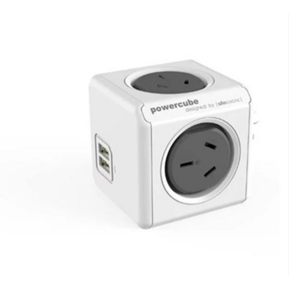 Grey powercube surge outlet cube with AC socket on top and USB port on side