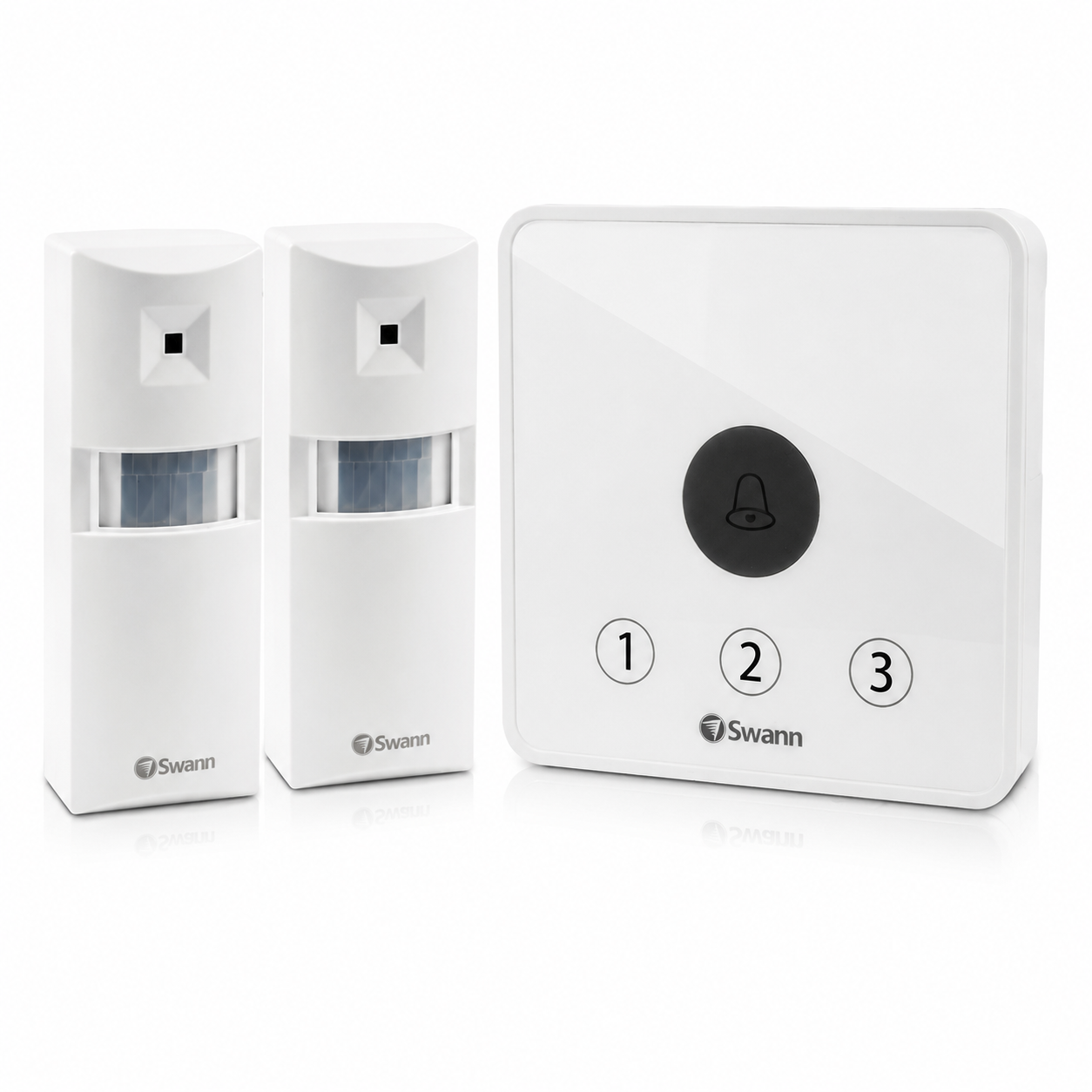 White wireless doorway alert sensors and control panel with 1 2 3 indicators