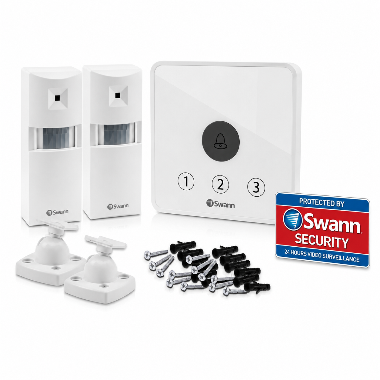 Home doorway alert kit with two white sensors, control panel, hardware and Swann security badge