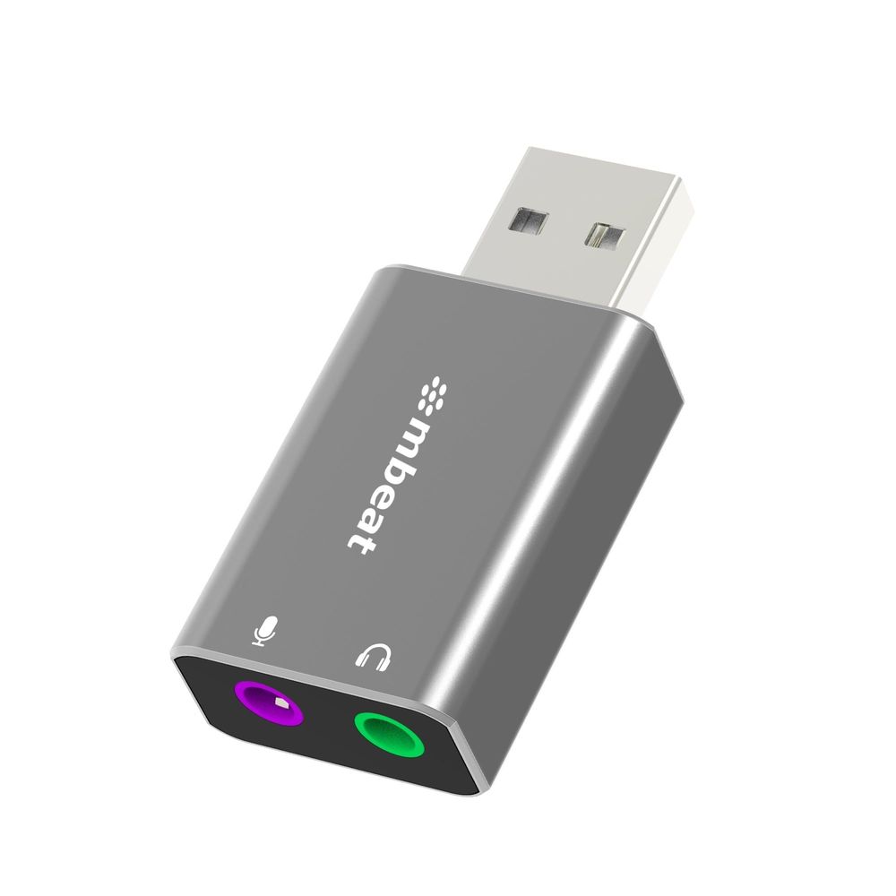 Space grey USB audio and microphone adapter with 3.5mm ports, purple and green rings
