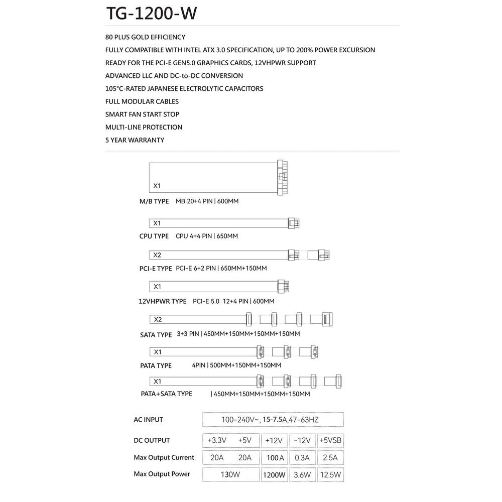 Thermalright TR-TG 1200-W 1200W Gold PSU White